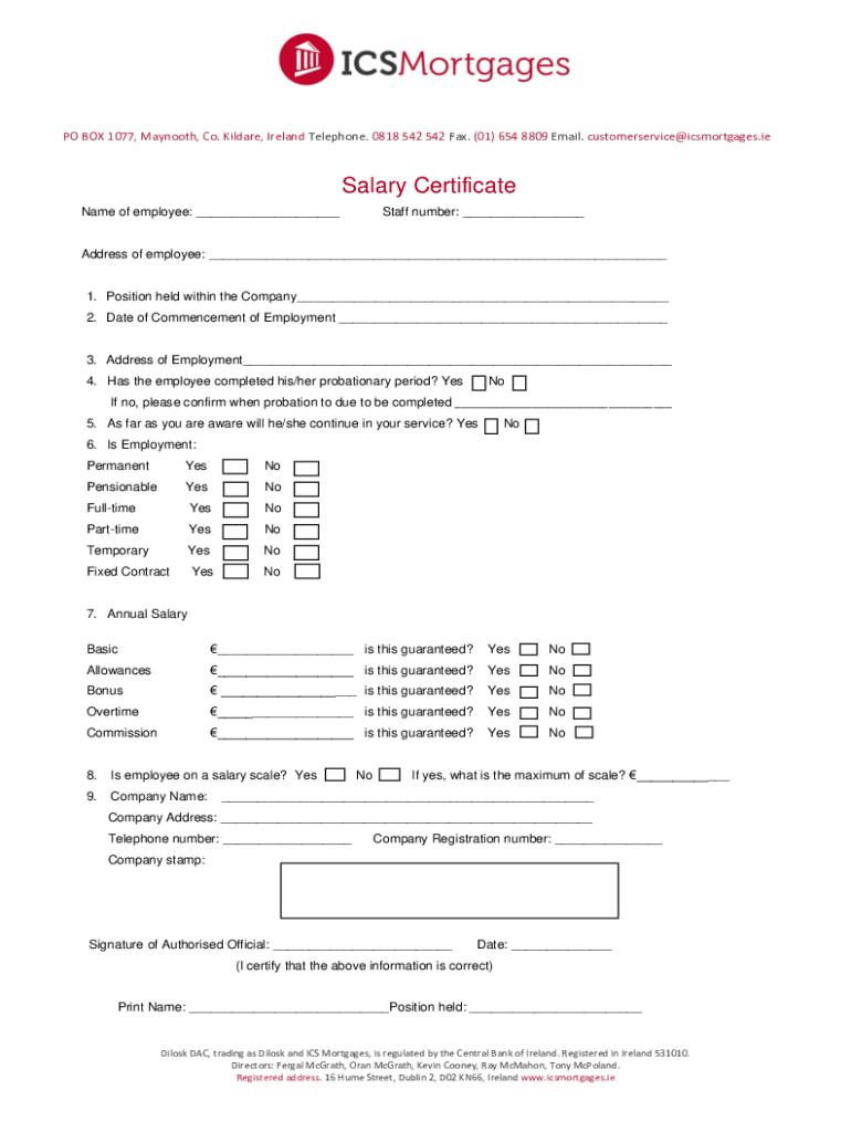 Fillable Online Salary Certificate ICS Mortgages Fax Email Print pdfFiller