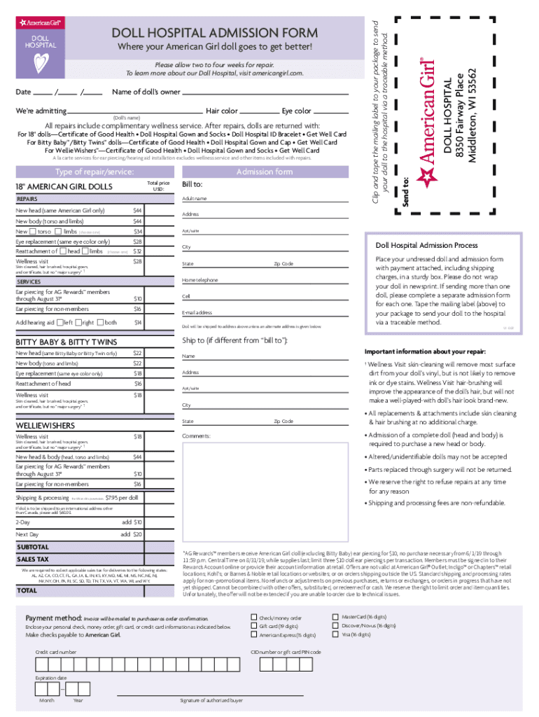 american doll admission form Preview on Page 1