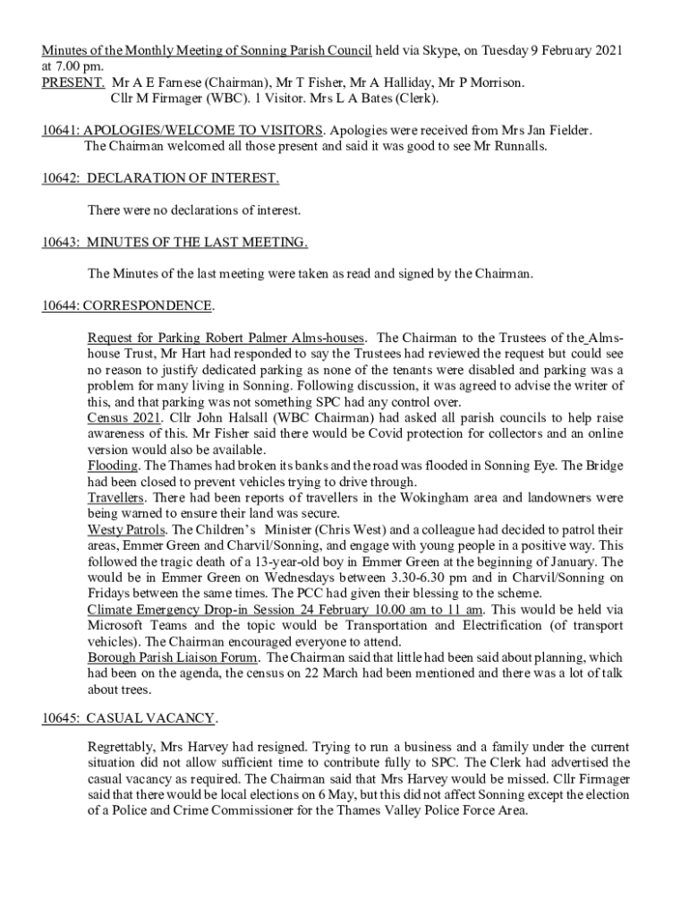 Fillable Online sonningpc gov Mr A E Farnese (Chairman), Mr T Fisher