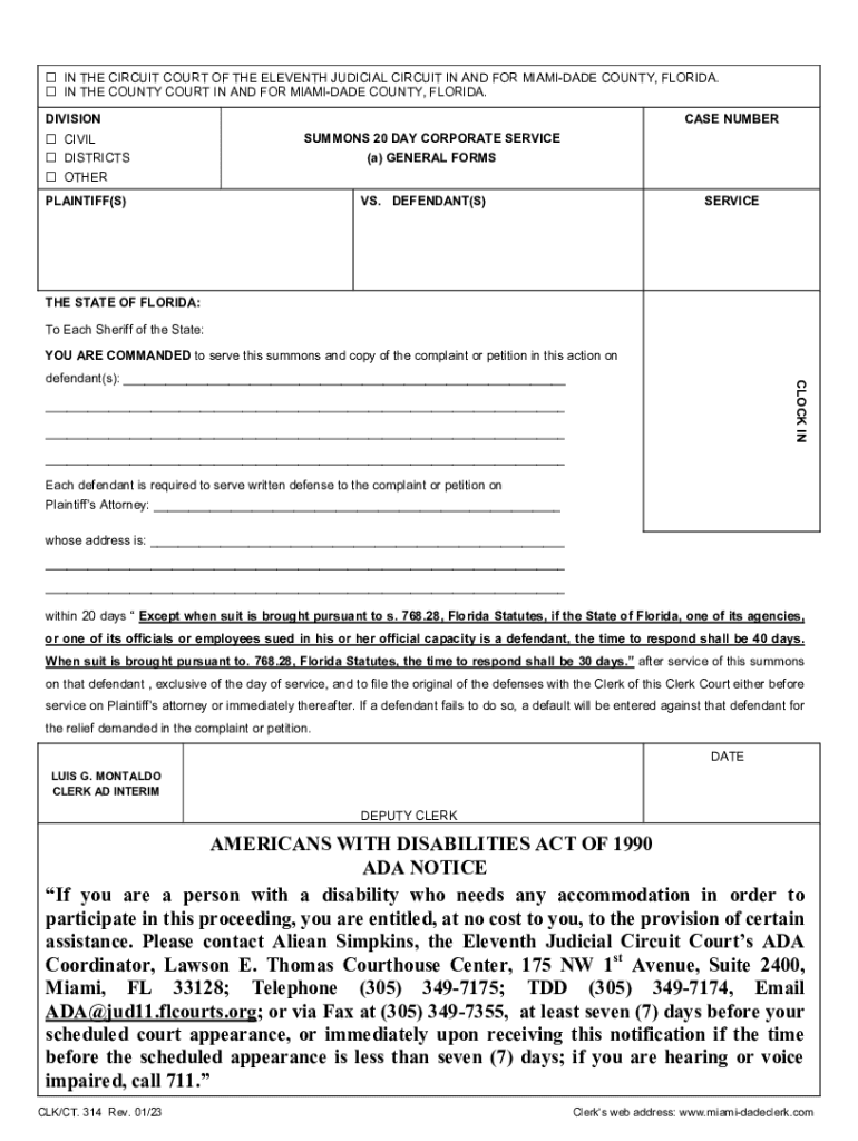 Summons 20 Day Corporate Service (a) General Forms 20 day Summons CLK CT 314 Preview on Page 1