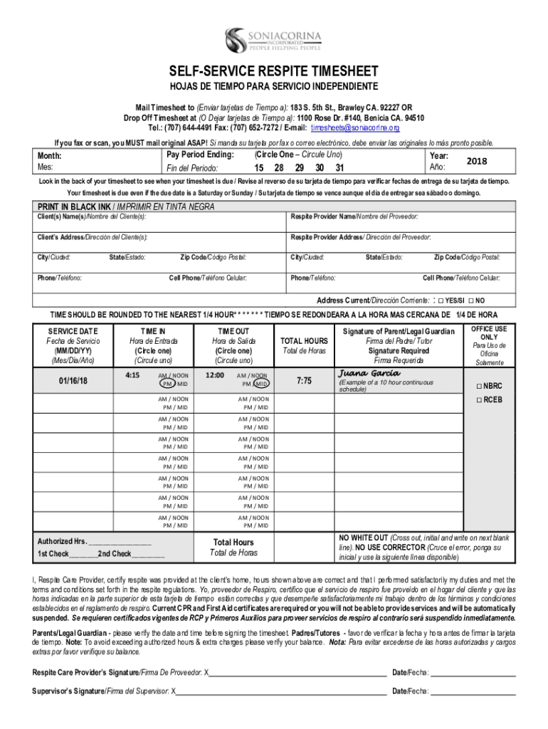 Respite Timesheet - Fill Online, Printable, Fillable, Blank Preview on Page 1