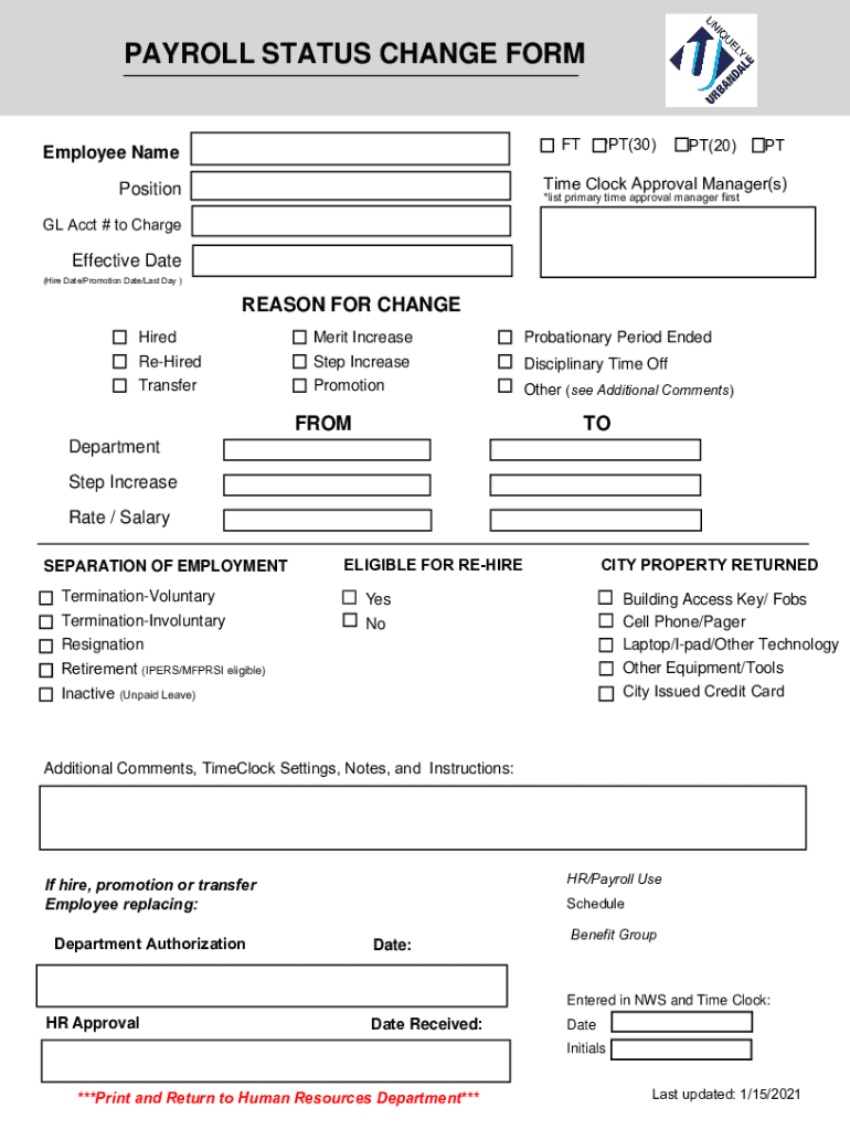 PAYROLL STATUS CHANGE FORM - City of Urbandale Preview on Page 1