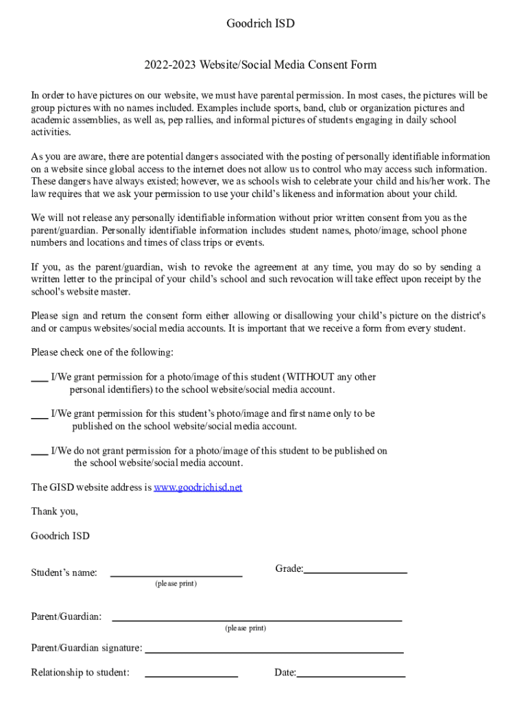Fillable Online Goodrich ISD 20222023 site/Social Media Consent