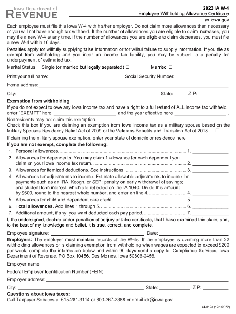 2023 IA W-4 Employee Withholding Allowance Certificate tax iowa Preview on Page 1