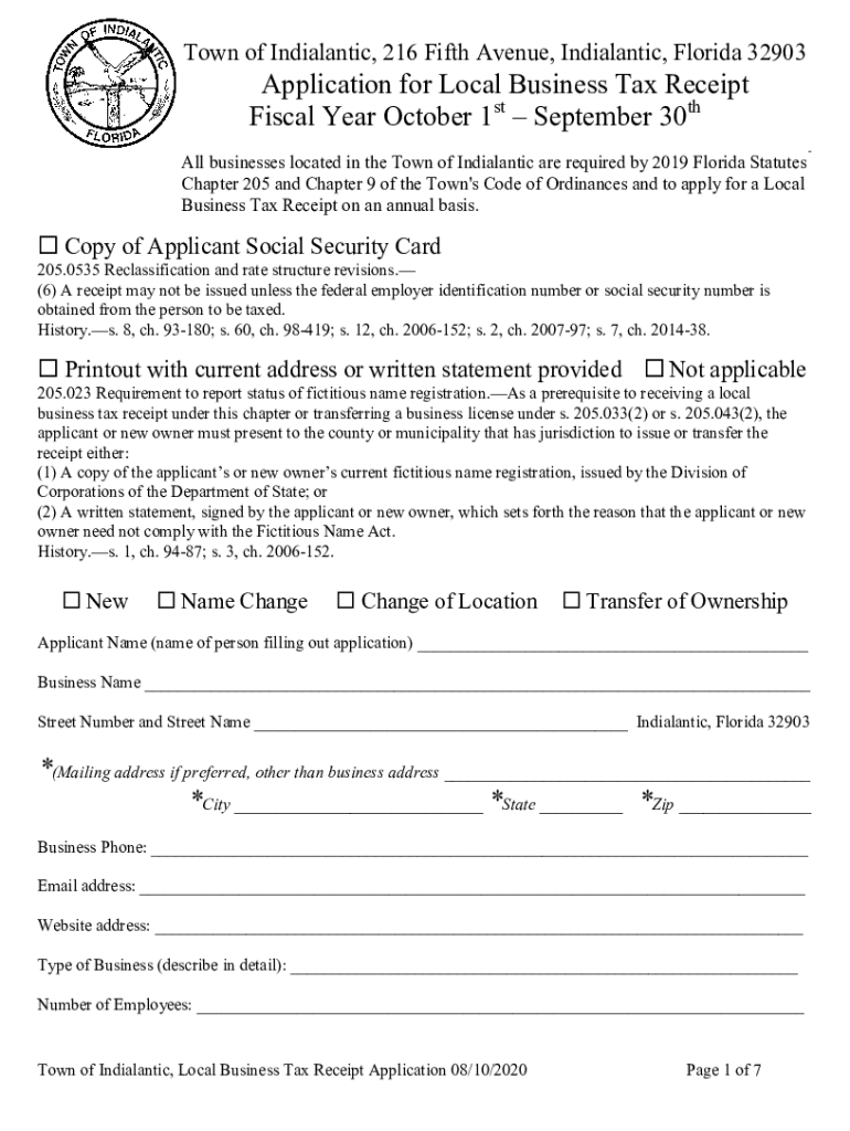 Fillable Online Application For Business Tax Receipt BTR Town Of