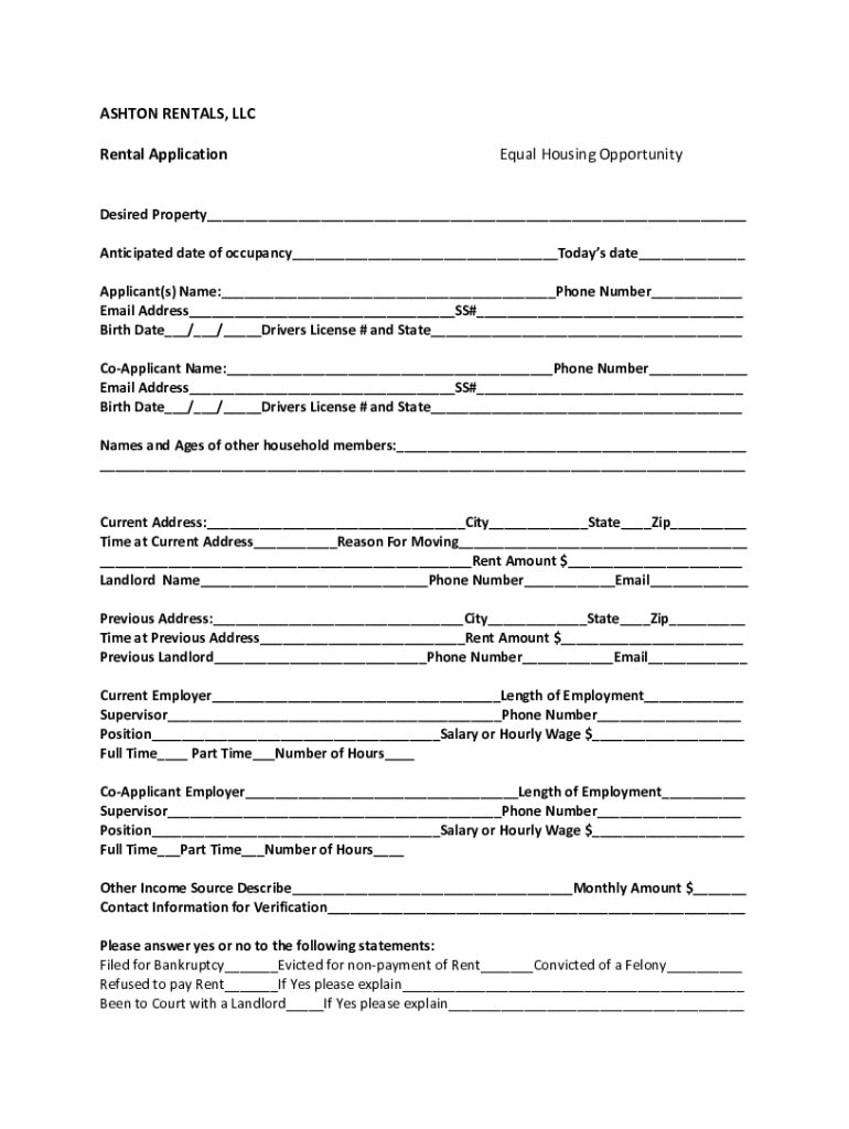Fillable Online ASHTON RENTALS, LLC Rental Application Equal Housing