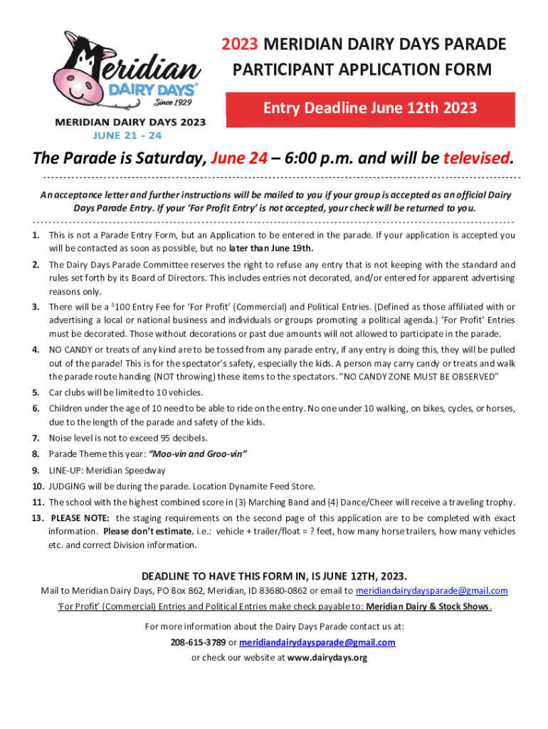 Fillable Online 2023 meridian dairy days parade participant application form Fax Email Print