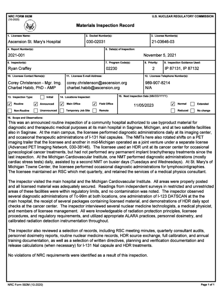 Fillable Online Jefferson City, NRC Form 591M Part 1, Inspection Report