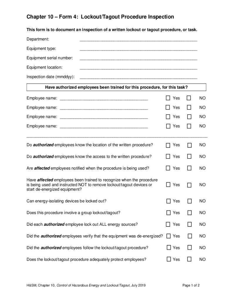 Fillable Online Chapter 10Form 4: Lockout/Tagout Procedure Inspection ...