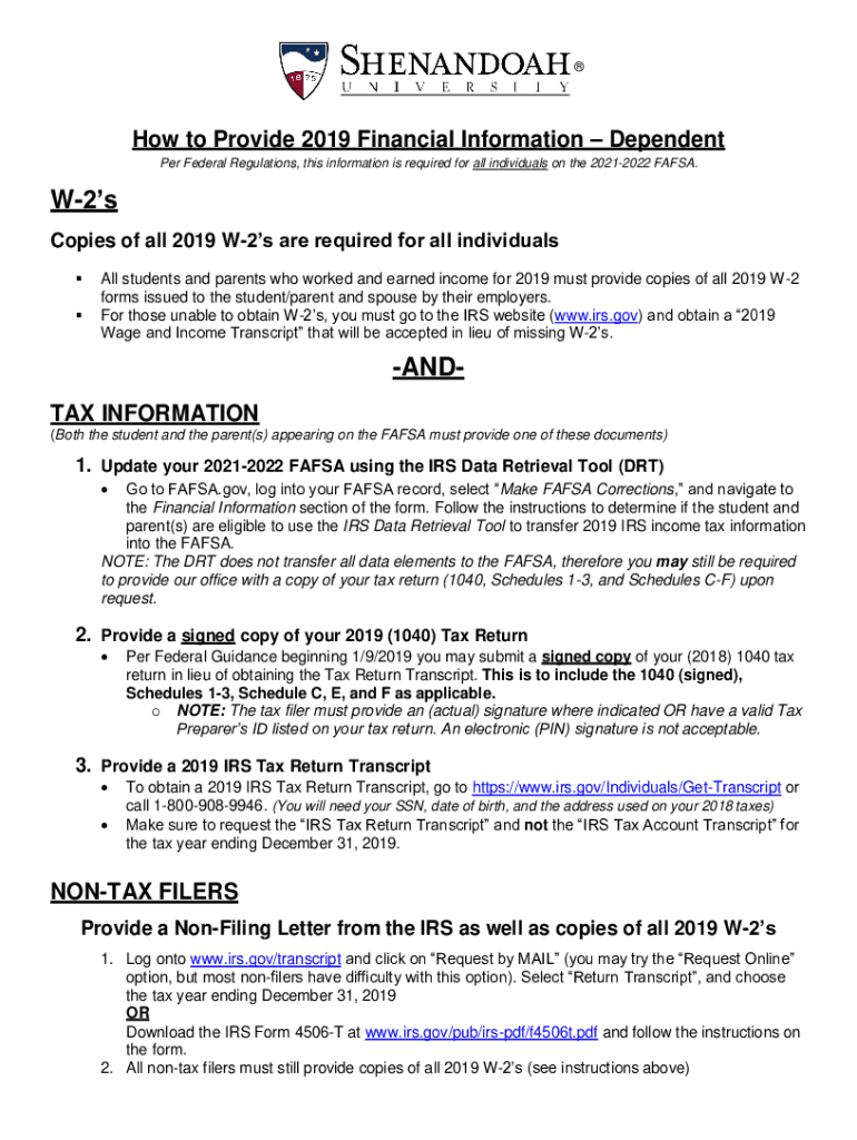 Fillable Online 2021-2022 Standard Verification Worksheet Dependent ...