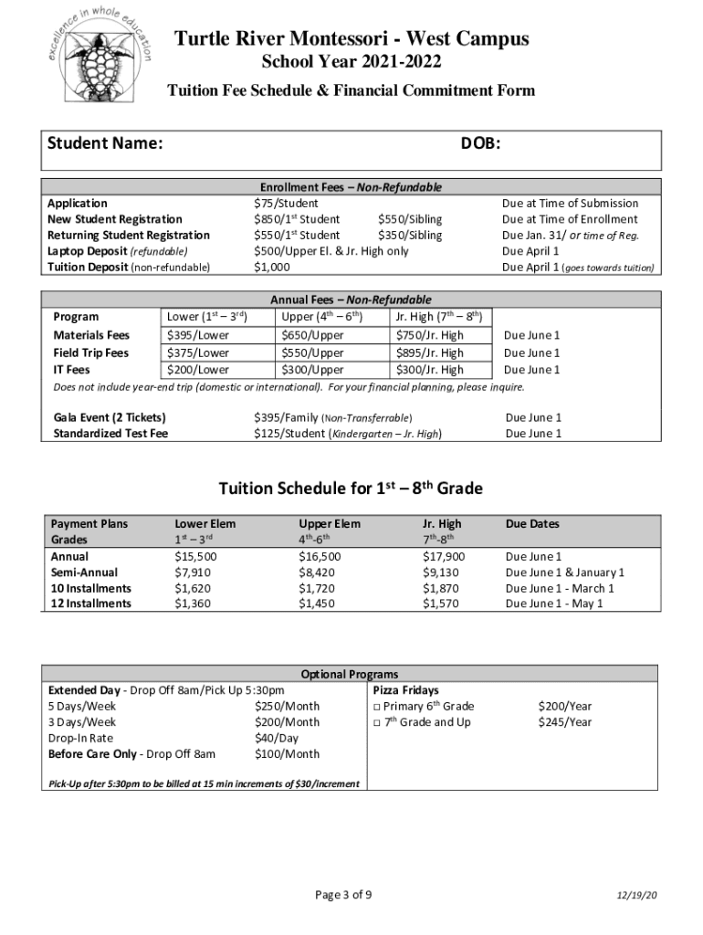 Fillable Online Turtle River Montessori - West Campus - Tuition Fee ...