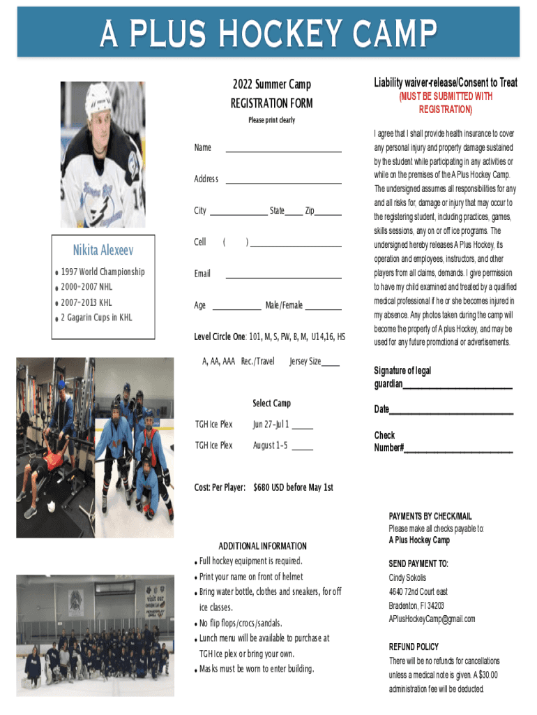 Fillable Online A PLUS HOCKEY CAMP TGH Ice Plex Fax Email Print