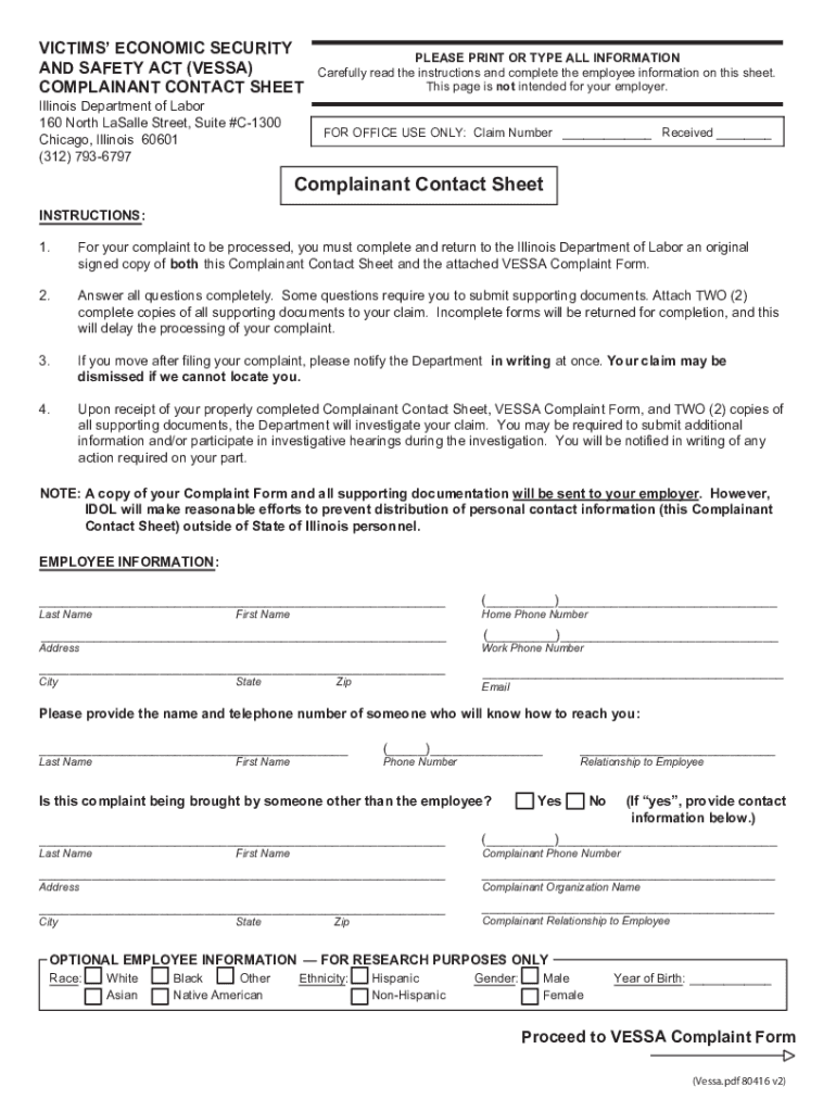 VESSA Complaint Form Preview on Page 1