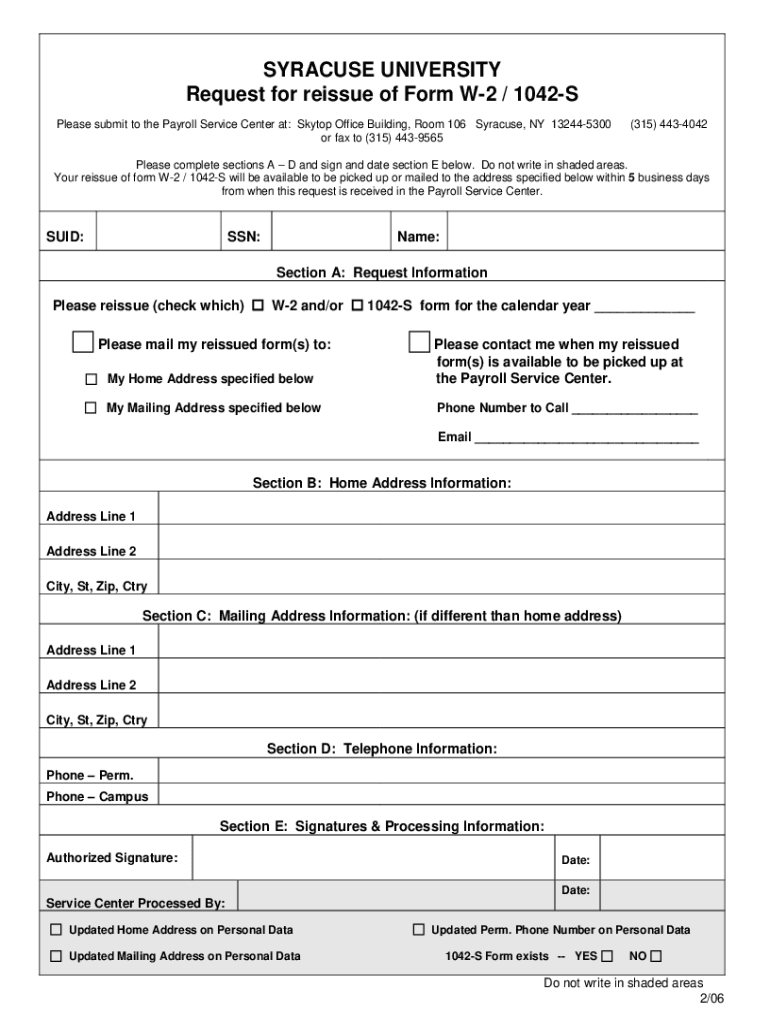 Fillable Online SYRACUSE UNIVERSITY Request for reissue of Form W2 /