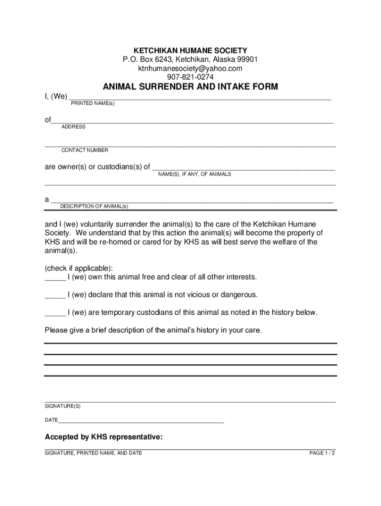 Fillable Online ANIMAL SURRENDER AND INTAKE FORM Fax Email Print ...