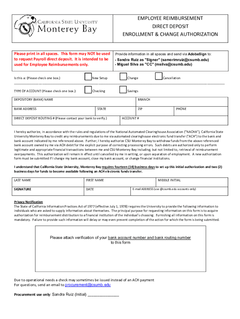 Fillable Online Expense Reimbursement Direct Deposit Enrollment Form