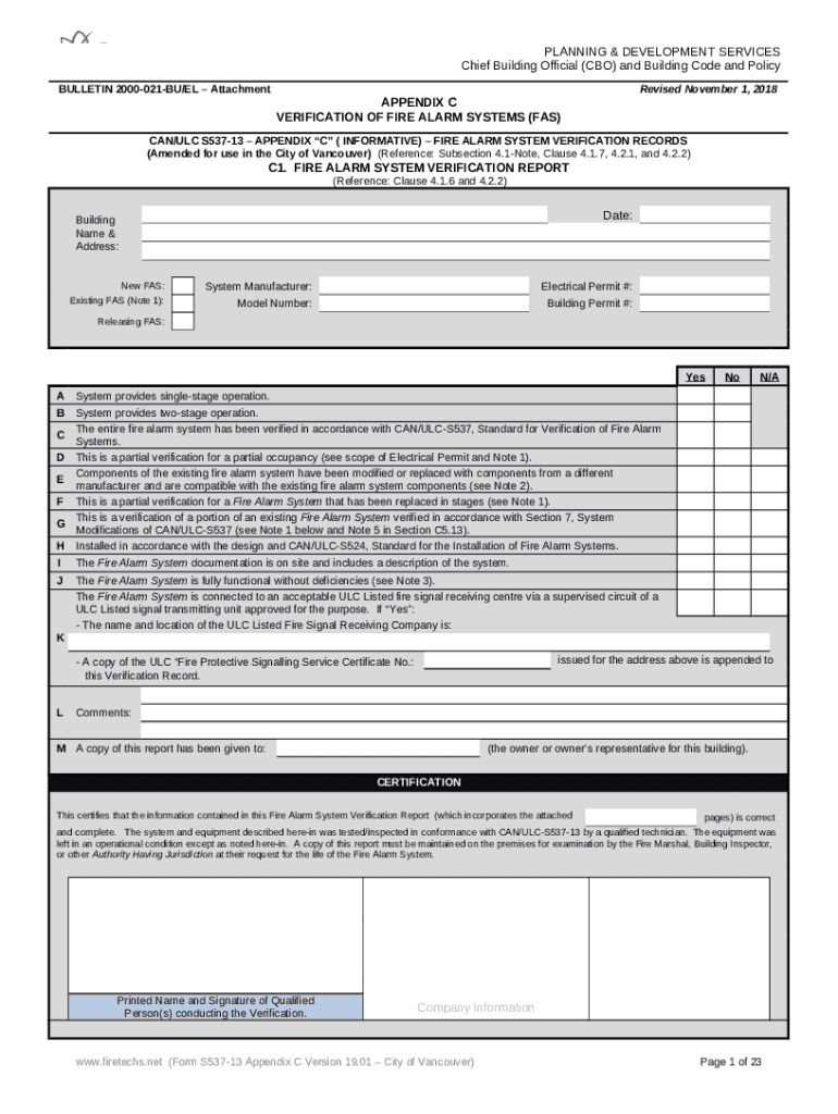 CAN/ULCS53704 Fire Alarm Verification Report Doc Template pdfFiller