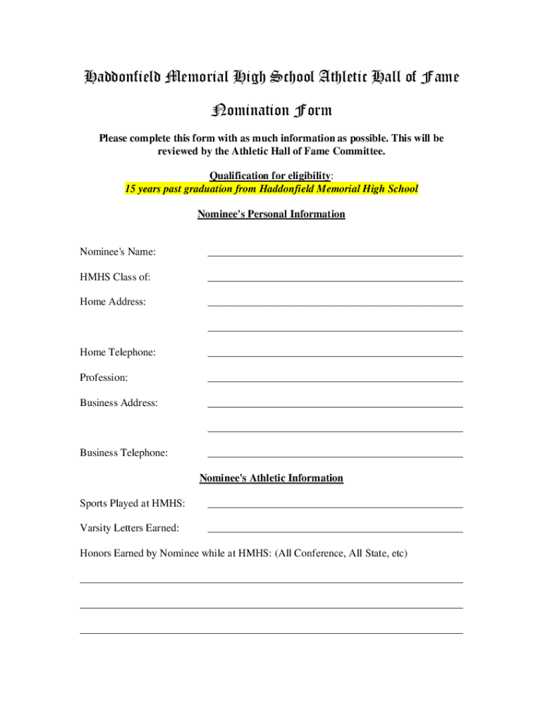 Fillable Online Haddonfield Memorial High School Athletic Hall of Fame ...