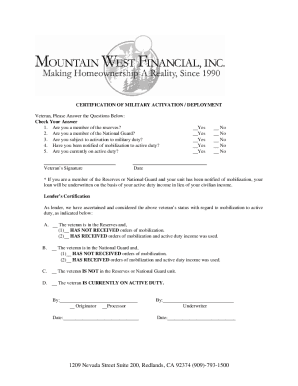 Fillable Online Certification of Miitary ActivationDeployment.doc Fax ...