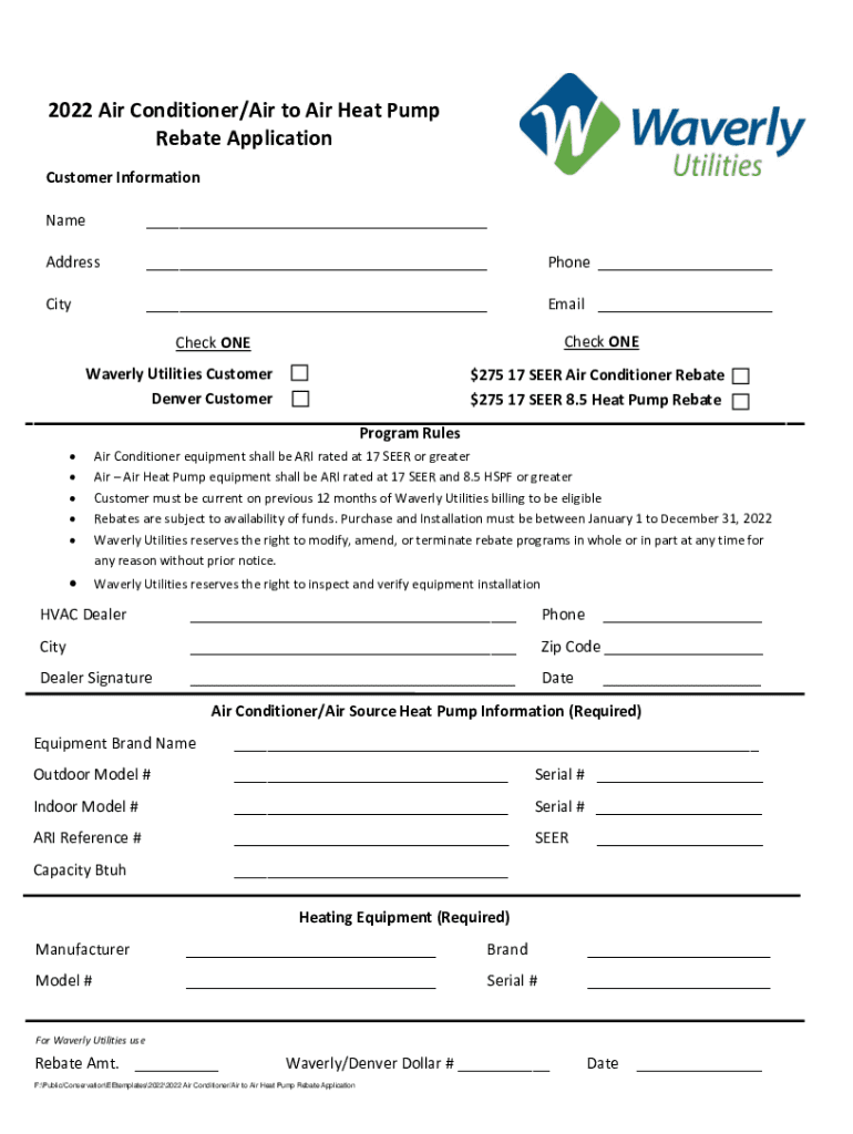 Fillable Online 2022 Air Conditioner Air To Air Heat Pump Rebate 