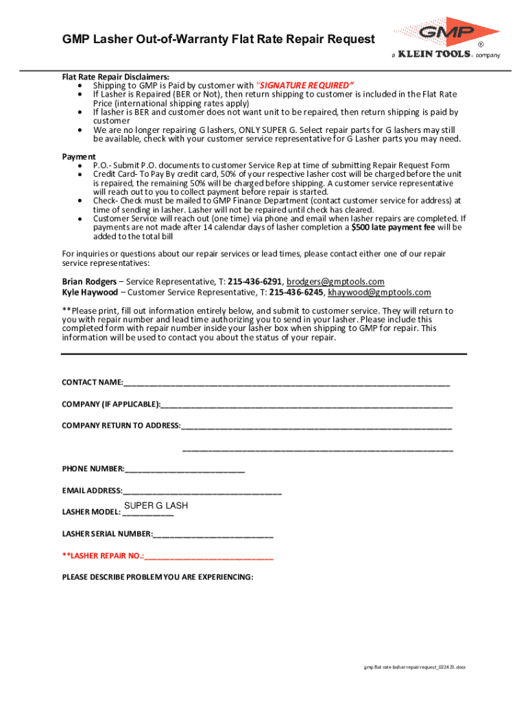 Fillable Online GMP Cable Lasher Repair Service General Machine
