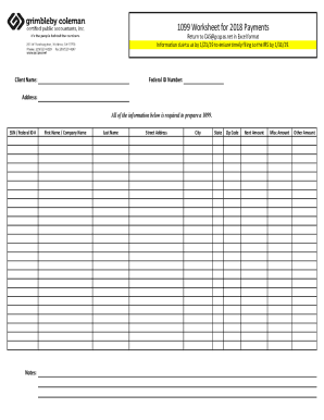 1099 Worksheet for 2018 Payments