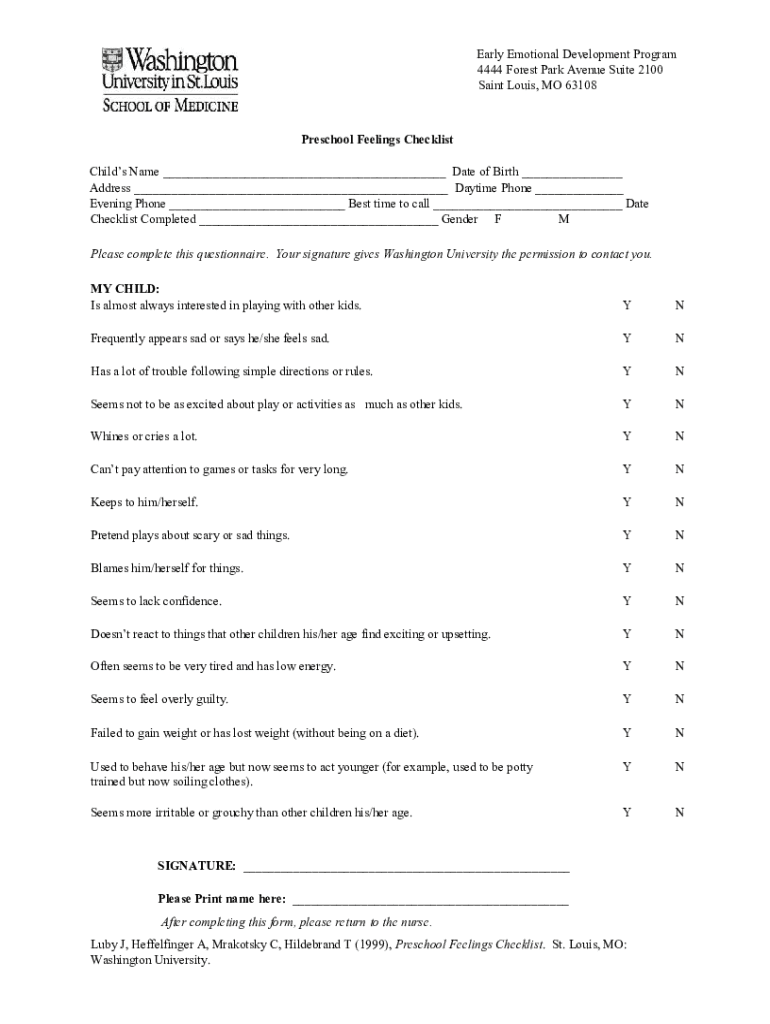 Preschool Feelings Checklist Preview on Page 1