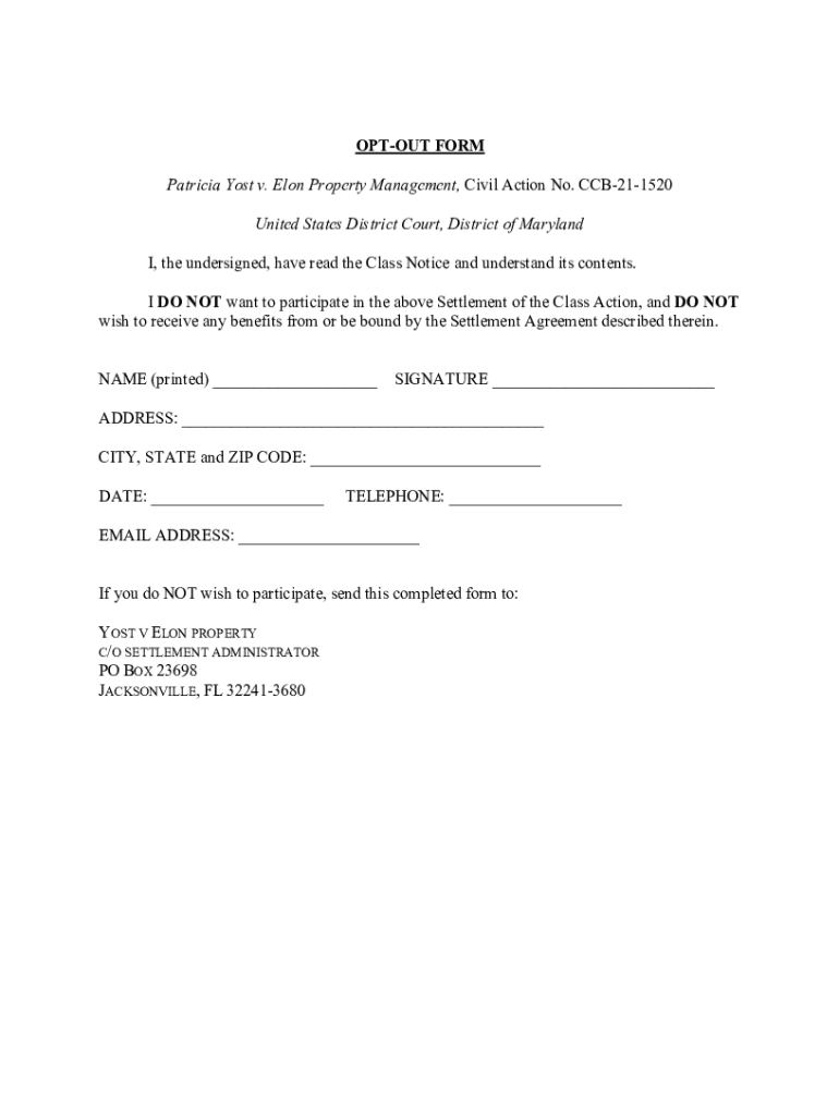 Fillable Online OPTOUT FORM Patricia Yost v. Elon Property Management