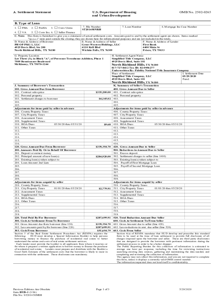 Fillable Online A. Settlement Statement U.S. Department of Housing and