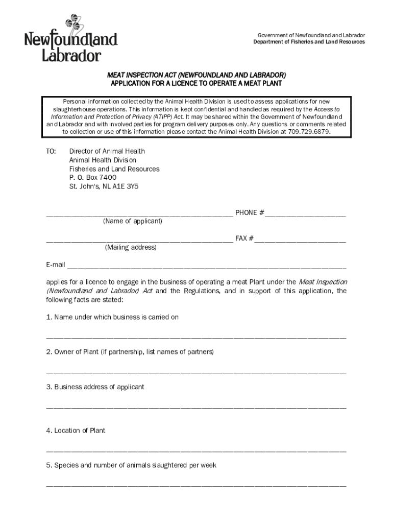 Fillable Online meat inspection act (newfoundland and labrador) application Fax Email