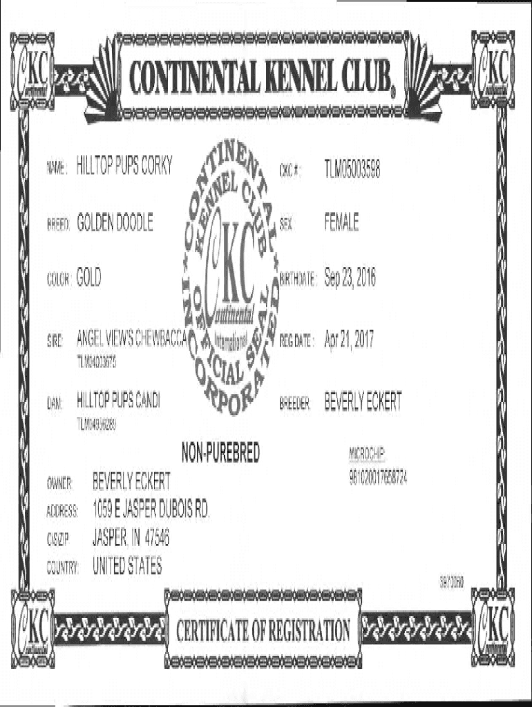 Fillable Online CONTINENTAL KENNEL CLUB. Hilltop Pups Fax Email Print