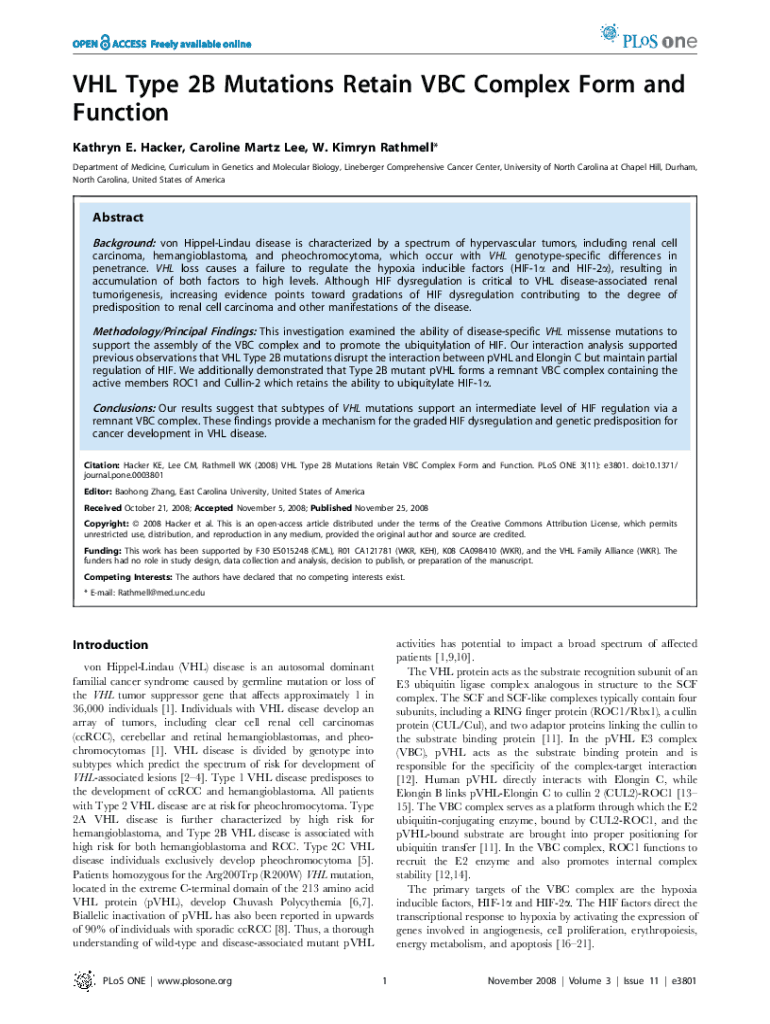 Fillable Online VHL Type 2B Mutations Retain VBC Complex Form and ...