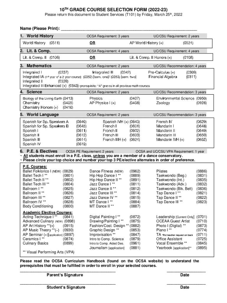 Fillable Online 10TH GRADE COURSE SELECTION FORM (202223) Fax Email