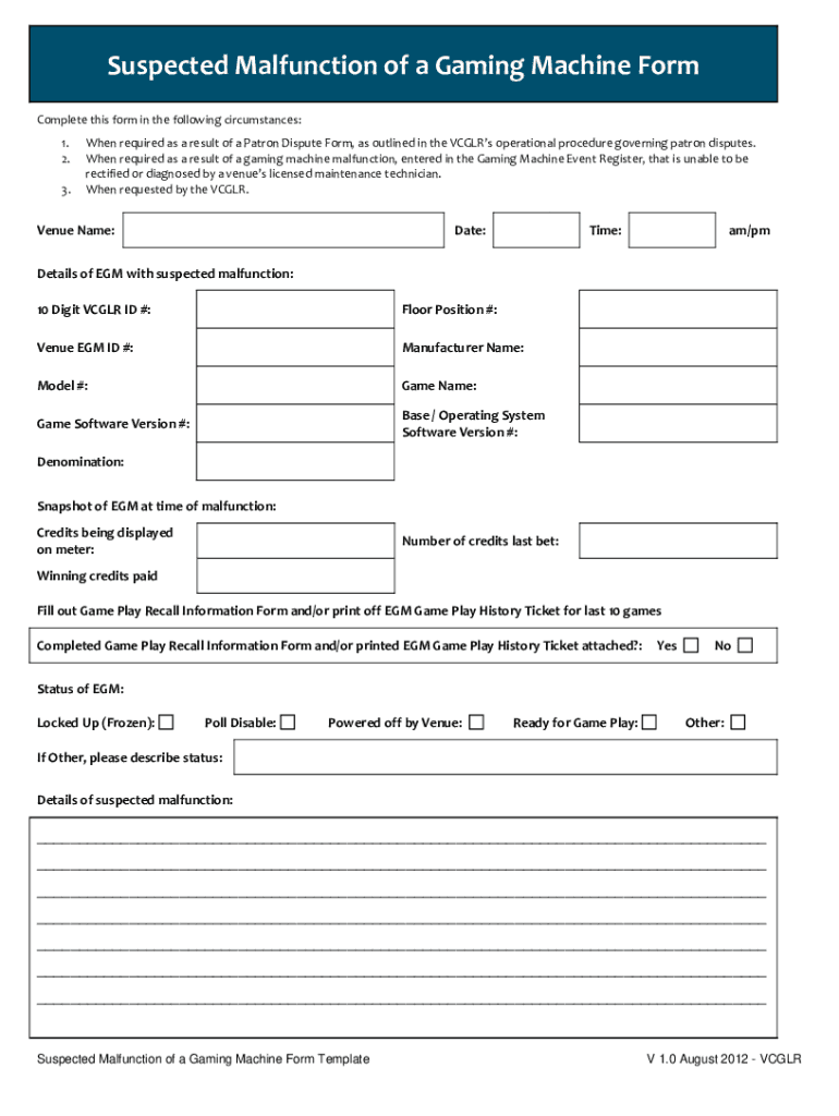 Fillable Online Suspected Malfunction of a Gaming Machine Form Fax ...