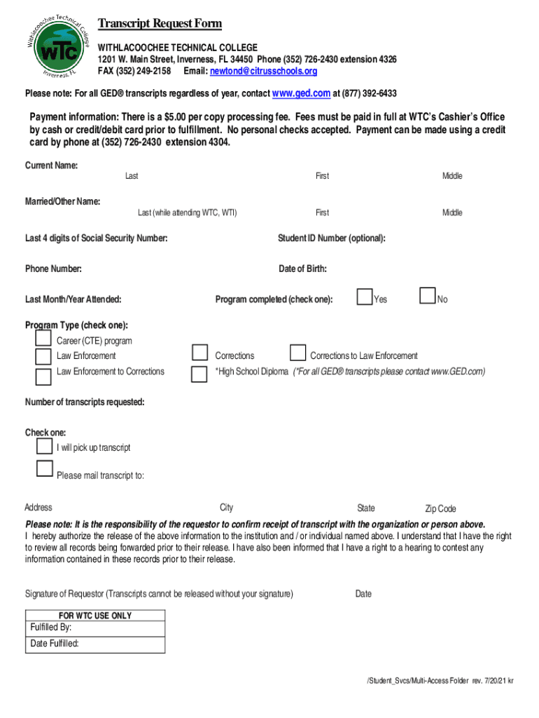 Fillable Online Student Transcript Request - Withlacoochee Technical ...