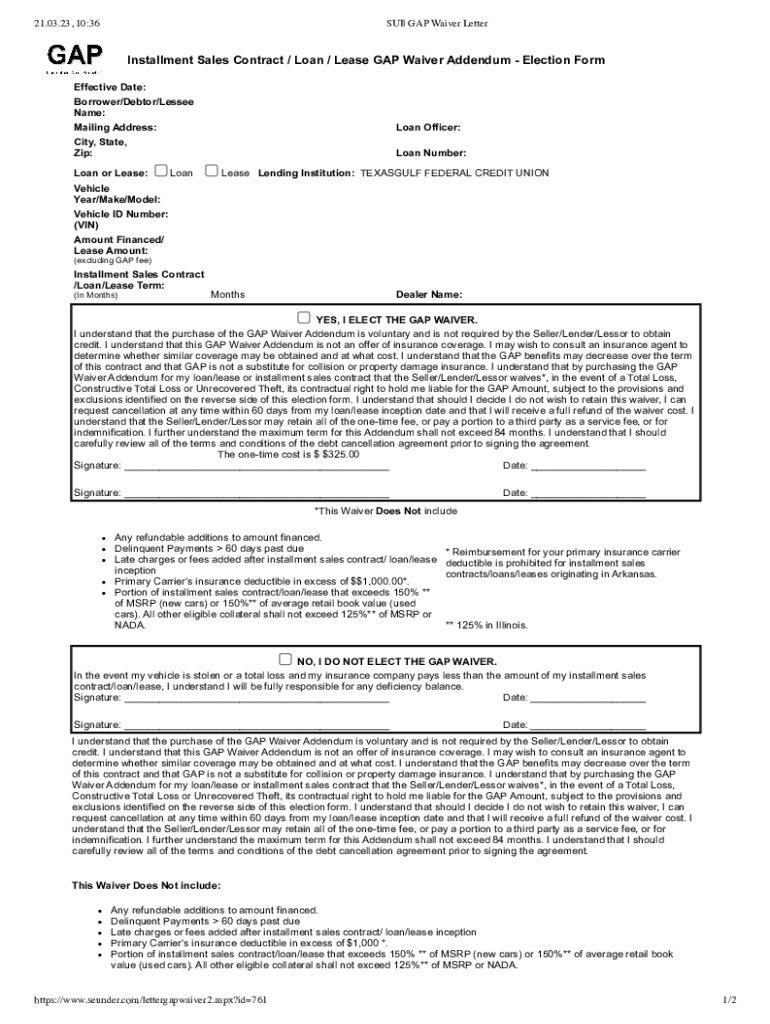2023 TX Installment Sales Contract/Loan/Lease GAP Waiver Addendum