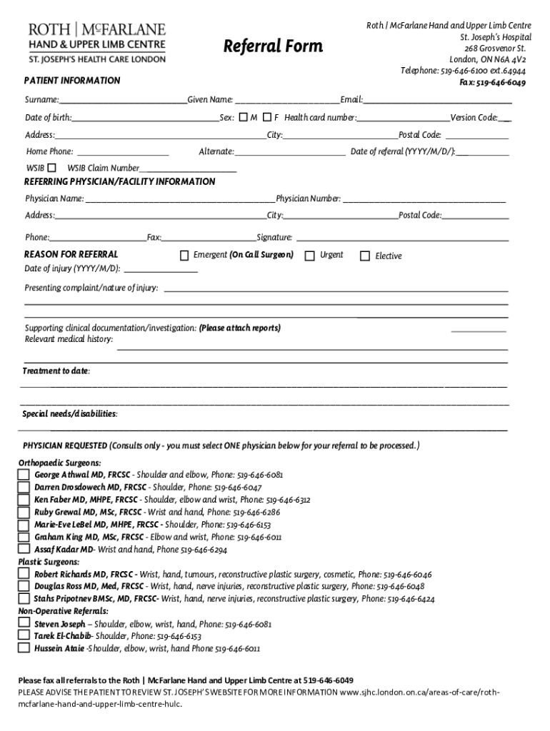 Fillable Online St Joseph's Hospital Roth McFarlane Hand and Upper Limb Fax Email Print Fillable Online St Joseph's Hospital Roth McFarlane Hand and Upper Limb Fax Email Print