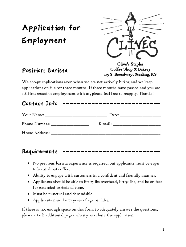 Fillable Online Application for Employment Clive's Staples Fax Email