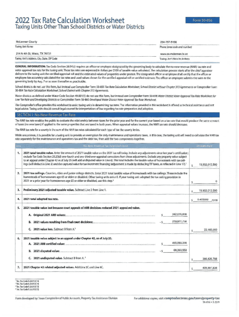 Fillable Online 2022 McLennan County Tax Rate Worksheet Fax Email Print