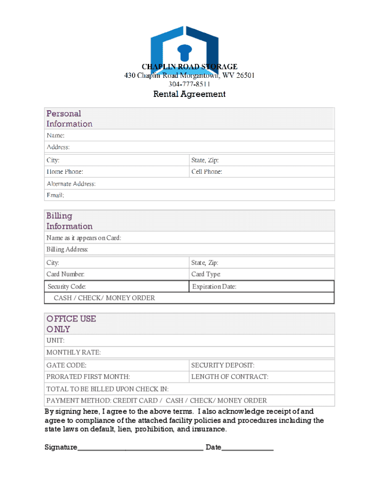 Fillable Online Chaplin Road Storage Rental Agreement (2) 2 Fax Email