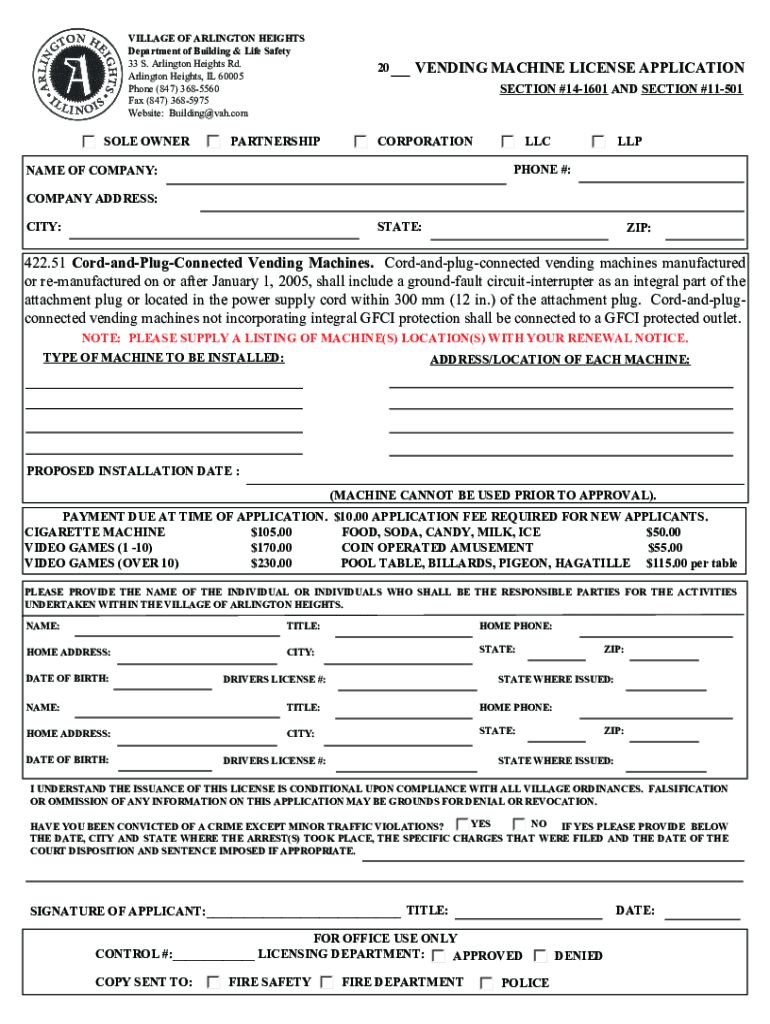 Fillable Online VENDING MACHINE LICENSE APPLICATION 422.51 Cordand
