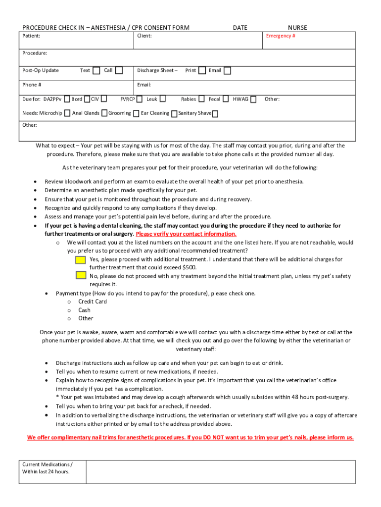 Anesthetic Procedure Consent Form - St Francis Animal Hospital Preview on Page 1