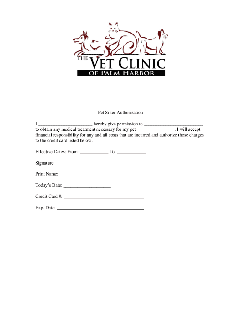 Fillable Online Pet Sitter Authorization I hereby give permission to to