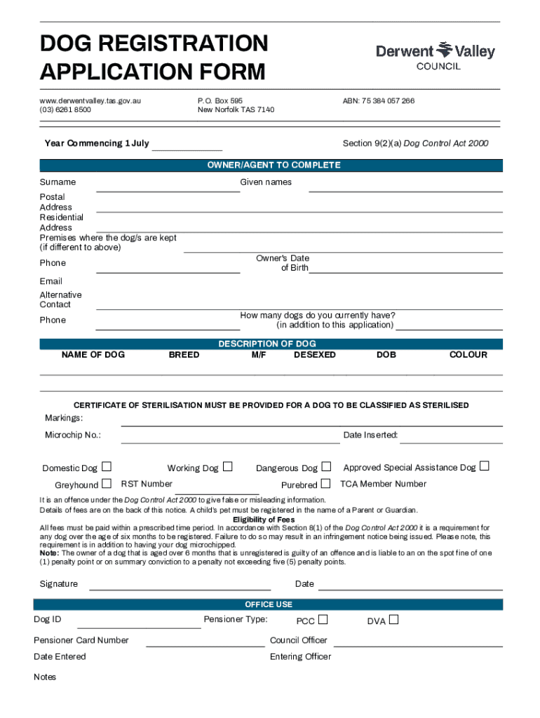 Fillable Online DOG REGISTRATION APPLICATION FORM Derwent Valley