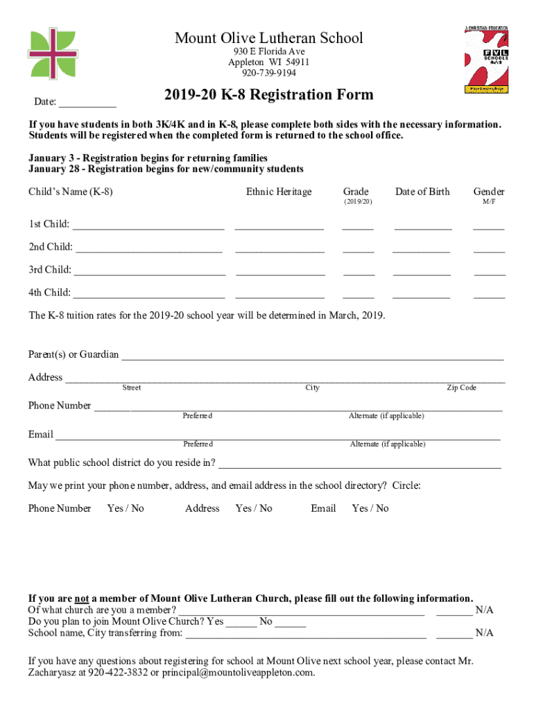 Fillable Online Mount Olive Lutheran School Registration Form Fax Email