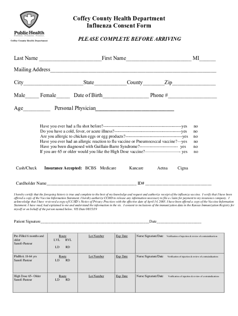 Fillable Online Coffey County Health Department Influenza Consent Form