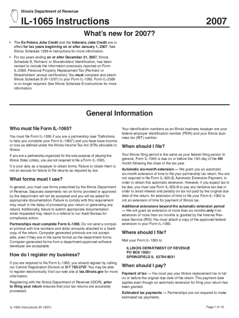 Fillable Online Tax Illinois 2007 IL 1065 X Instructions Illinois Fillable Online Tax Illinois 2007 IL 1065 X Instructions Illinois