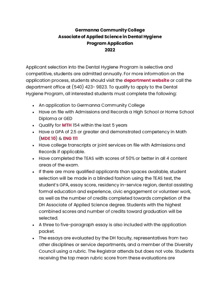 Fillable Online applications germanna Pathway Dental Assisting