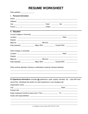 Fillable Online resume worksheet Fax Email Print - pdfFiller