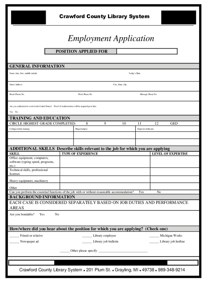 Fillable Online Woodbury Public Library Employment Application Fax ...